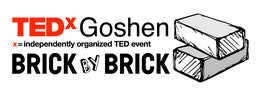 Logo of TEDxGoshen with text 'Brick by Brick' on a white background