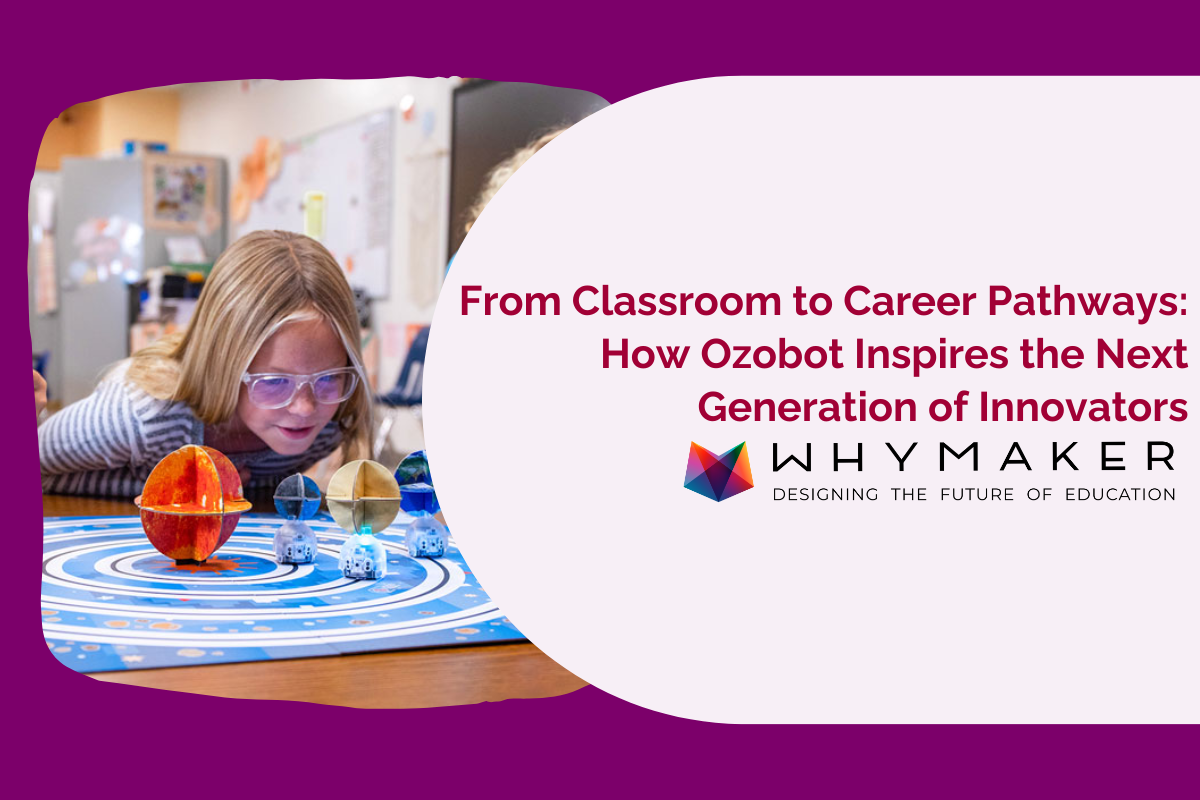 Elementary student exploring a solar system coding activity using Ozobot robots during a STEM lesson, representing hands-on learning and workforce-ready skills, with WhyMaker logo and blog title overlay.