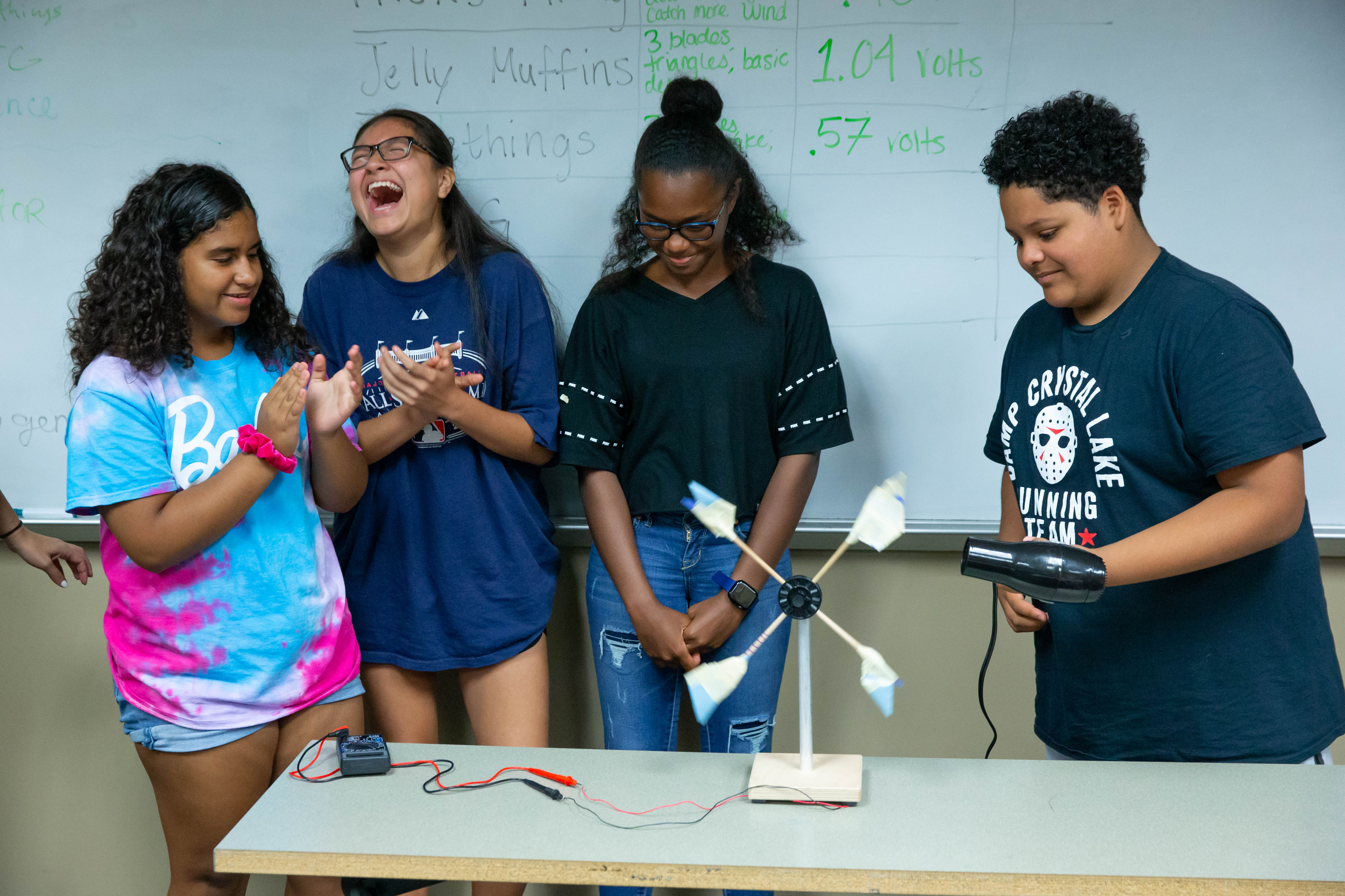 Students celebrating as their wind turbine generates voltage